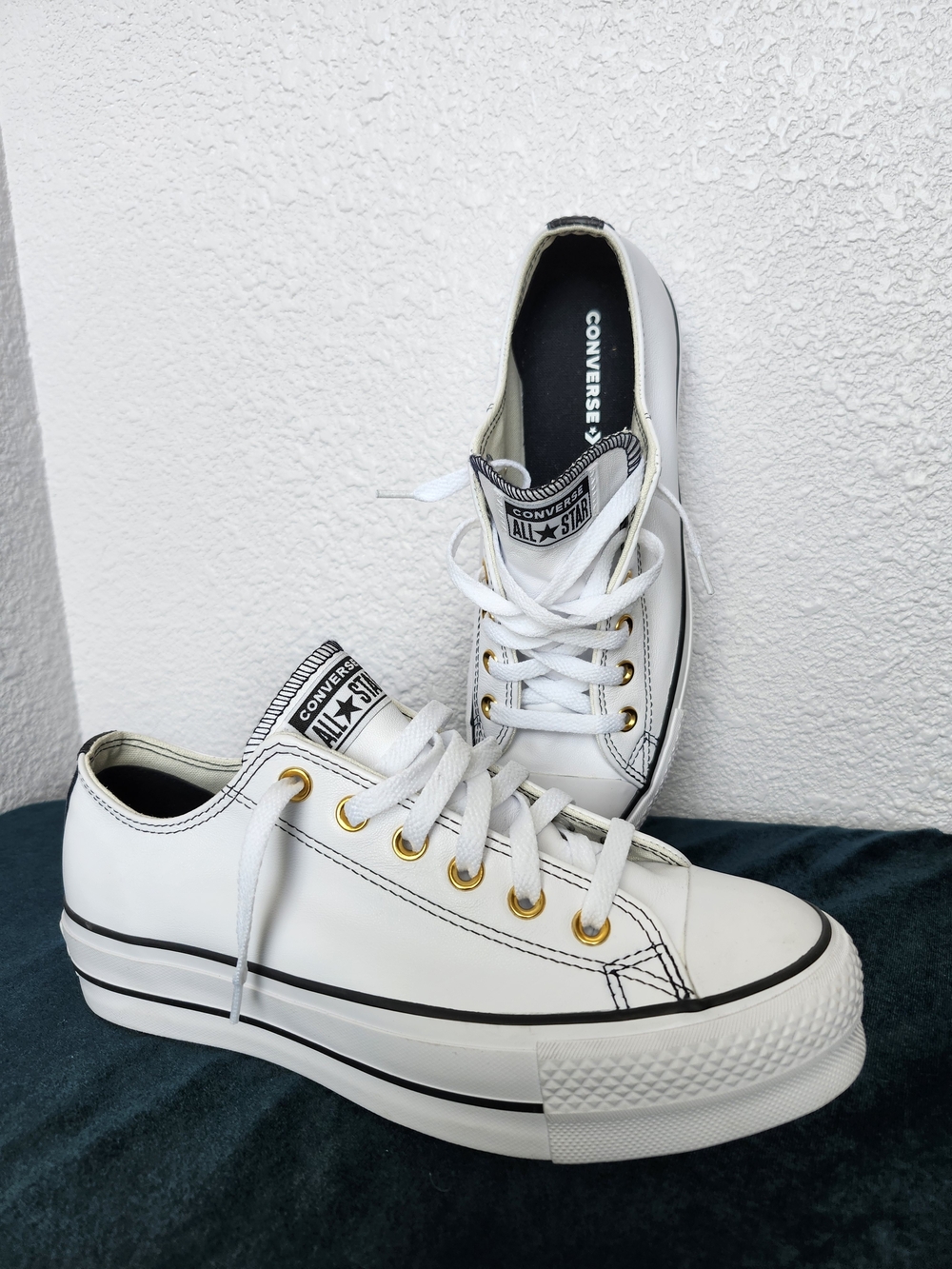 RARE Custom Converse All Star, Lift Platform, White Leather with Gold Eyelets